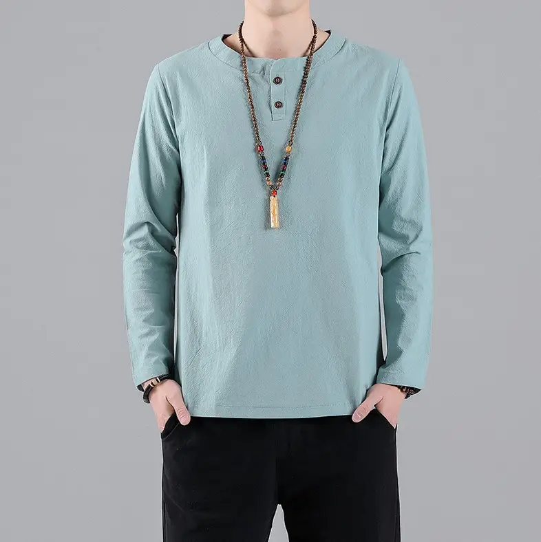 Men Long Sleeve T-Shirt Blue Cotton Linen Round Neck