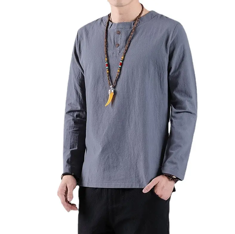 Men Long Sleeve T-Shirt Blue Cotton Linen Round Neck