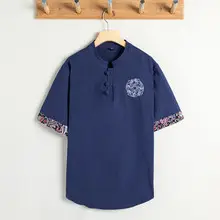 Men Long Sleeve T-Shirt Blue Cotton Linen Round Neck — feature 11