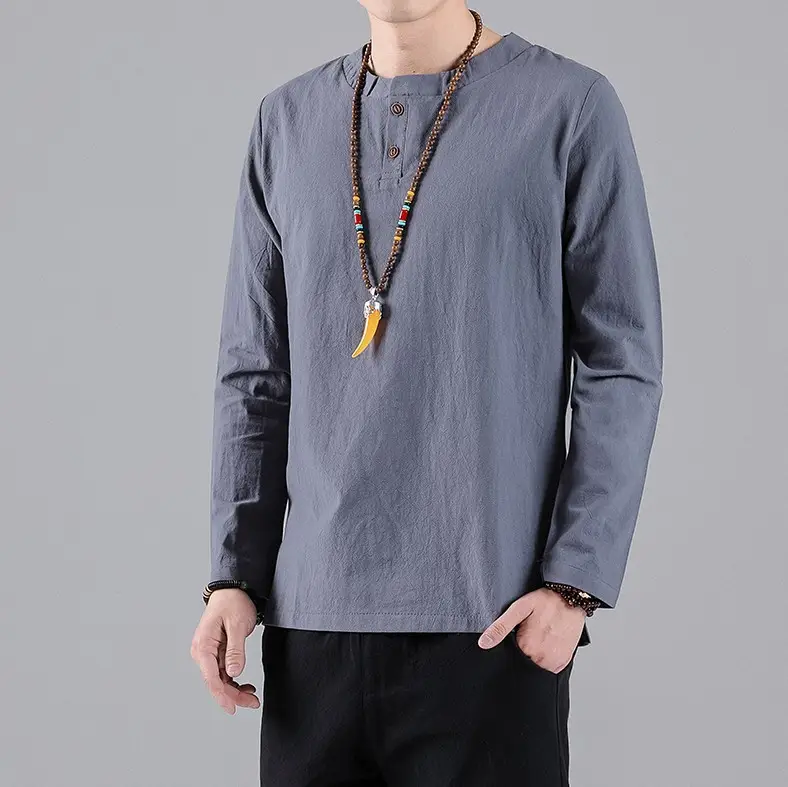 Men Long Sleeve T-Shirt Blue Cotton Linen Round Neck