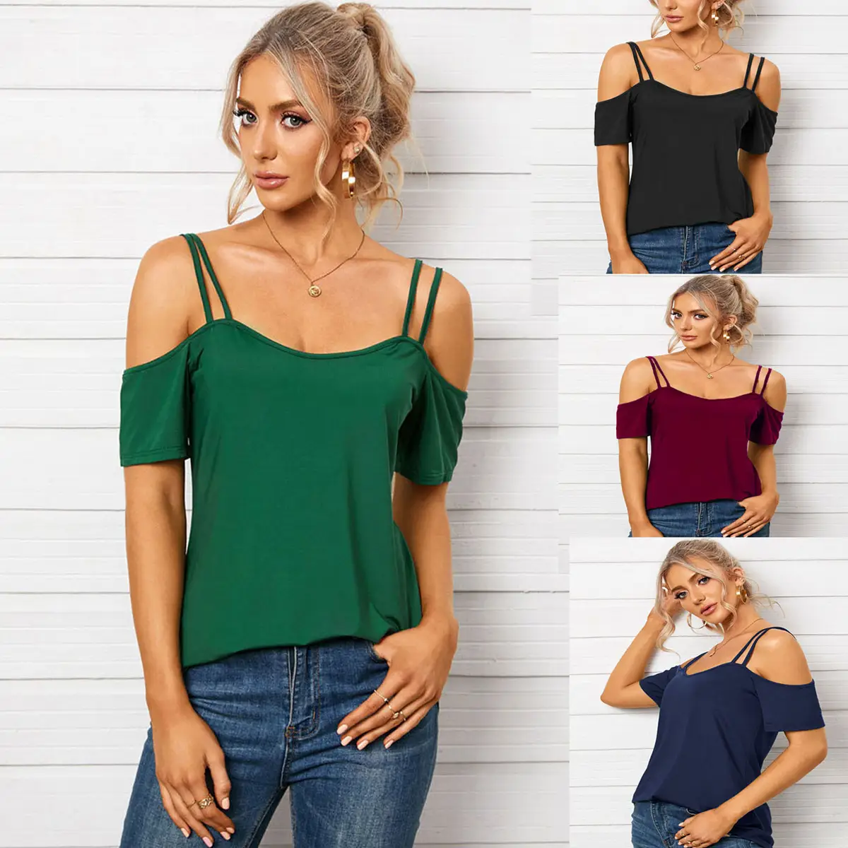 Women U-Neck Off Shoulder T-Shirt Navy Blue - Image 5