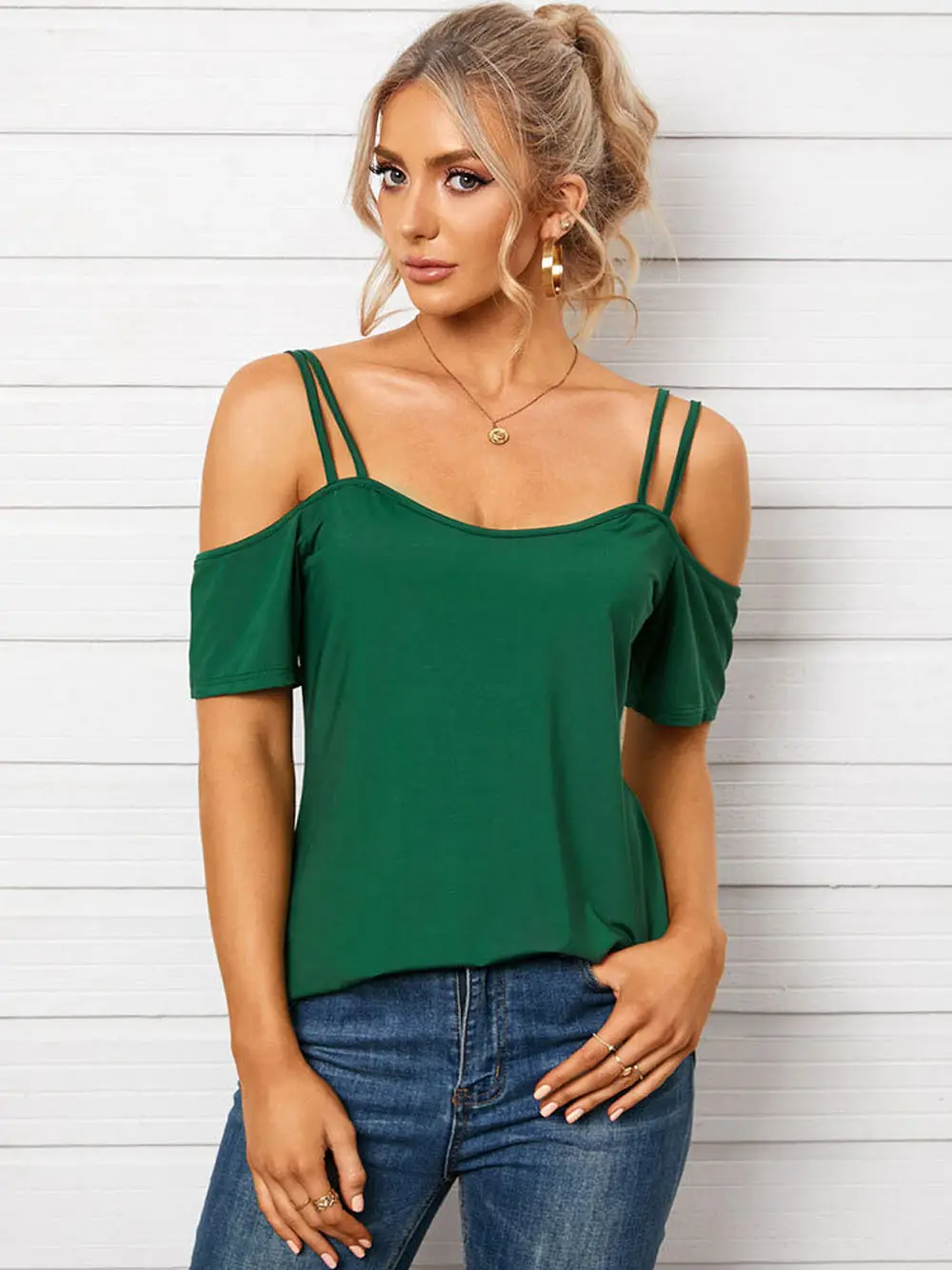 Women U-Neck Off Shoulder T-Shirt Navy Blue - Image 6