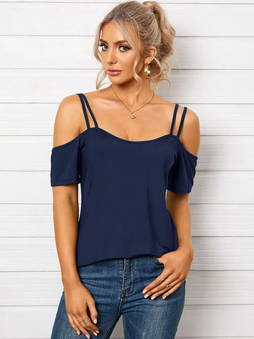 Women U-Neck Off Shoulder T-Shirt Navy Blue - Image 7
