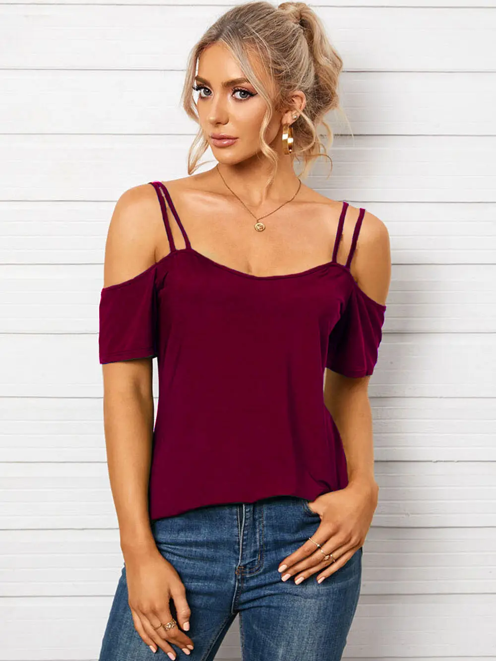 Women U-Neck Off Shoulder T-Shirt Navy Blue - Image 4