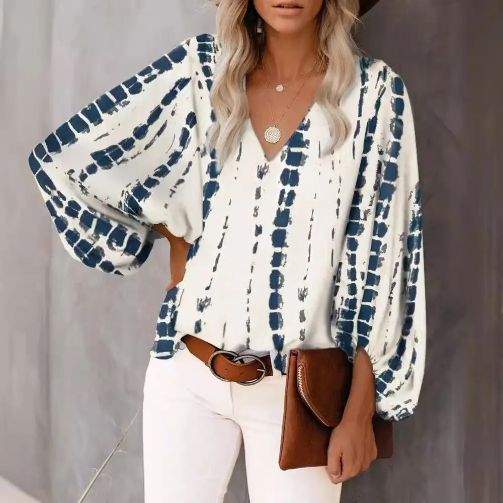 2024 Printed V Neck Shirt with Lantern Sleeve Top - Image 15