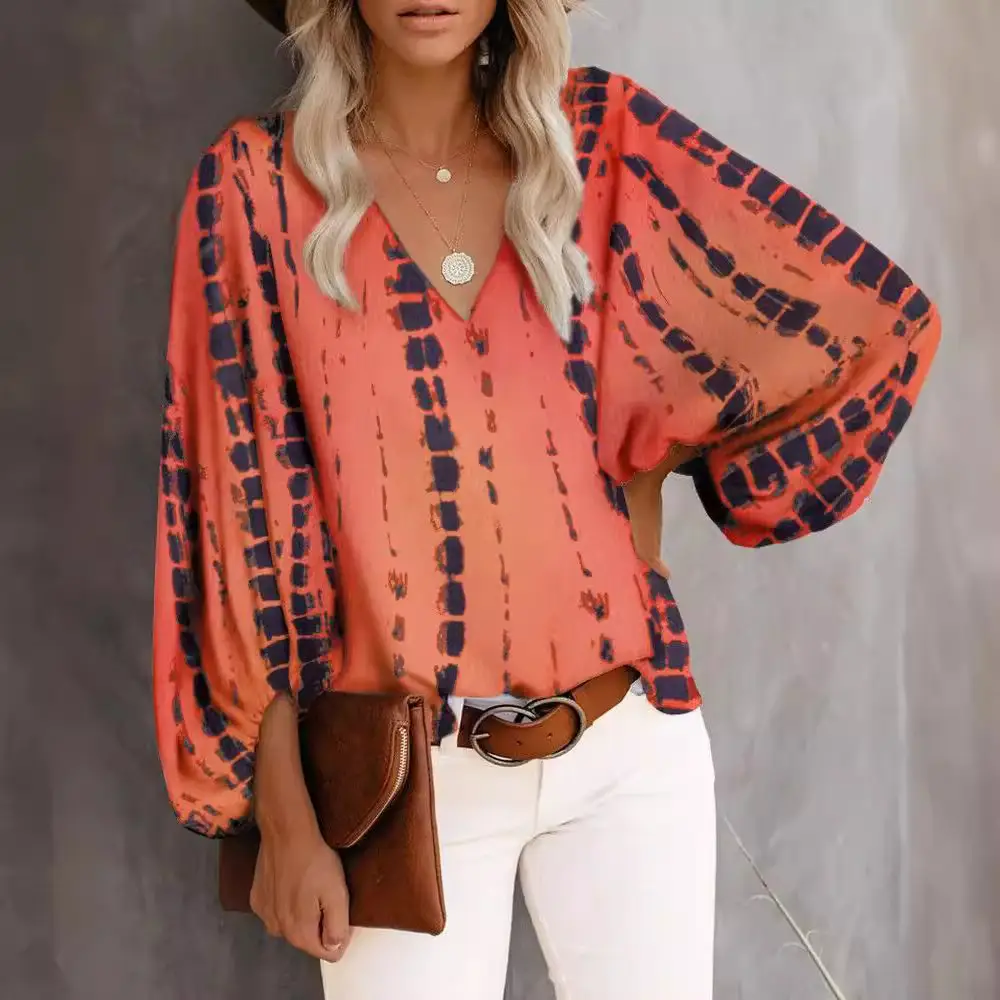 2024 Printed V Neck Shirt with Lantern Sleeve Top - Image 16