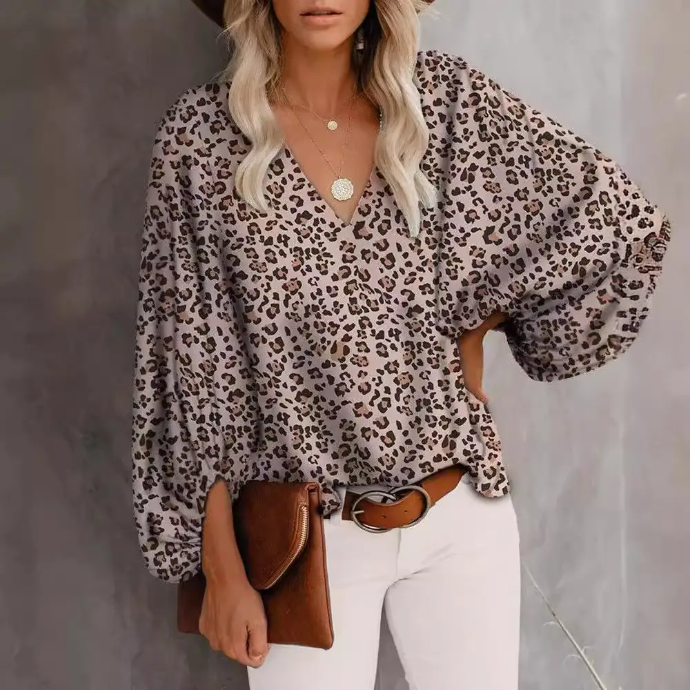 2024 Printed V Neck Shirt with Lantern Sleeve Top - Image 17