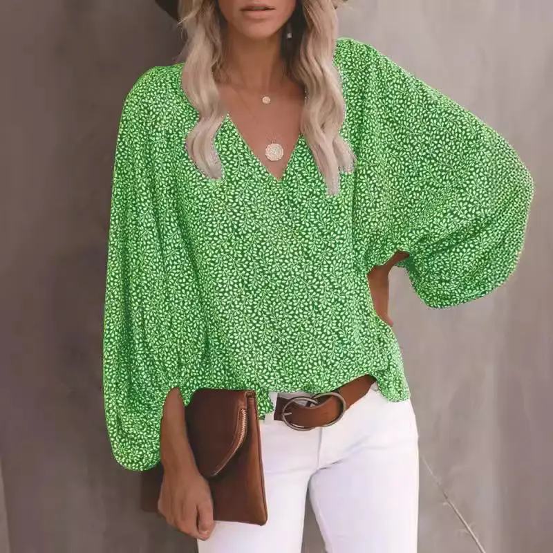 2024 Printed V Neck Shirt with Lantern Sleeve Top - Image 18