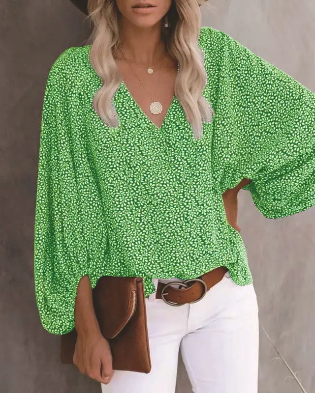 2024 Printed V Neck Shirt with Lantern Sleeve Top - Image 12