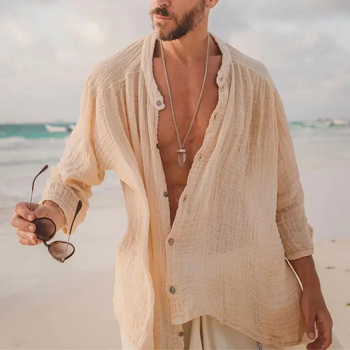 Men's Cotton Linen Long Sleeve Shirt Solid Beige 2022 - Image 5