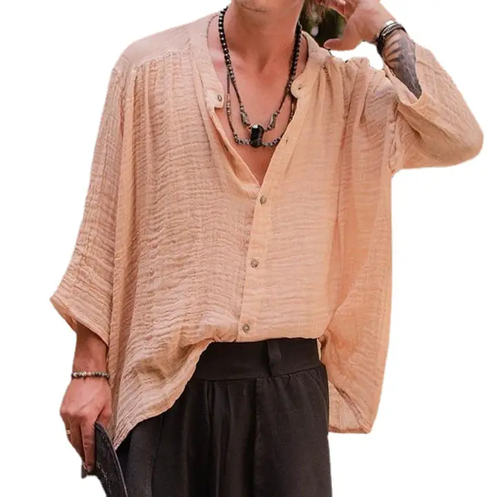 Men's Cotton Linen Long Sleeve Shirt Solid Beige 2022 - Image 6
