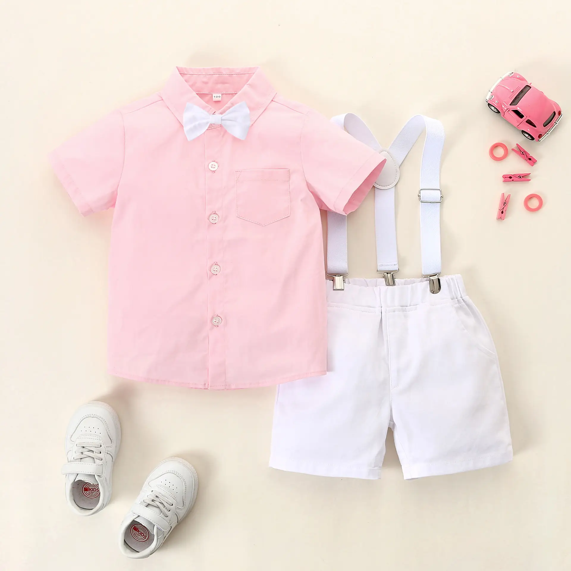 Boys Green Bowtie Short Sleeve Suit with Suspenders - Image 7