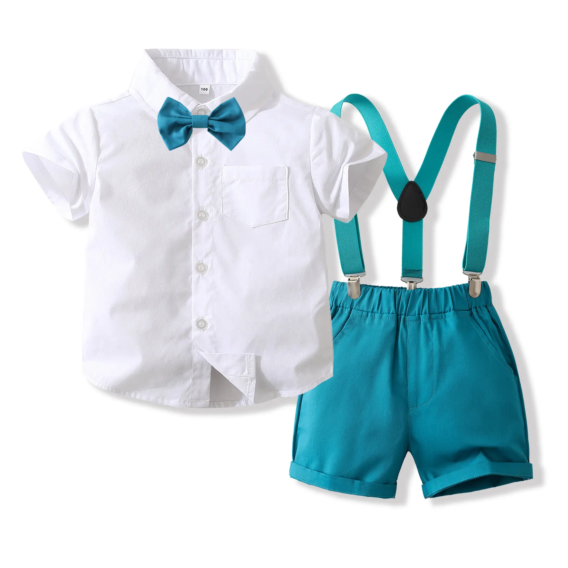 Boys Green Bowtie Short Sleeve Suit with Suspenders - Image 8