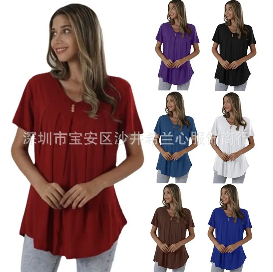 2025 V-Neck Loose T-Shirt Blue Women - Image 8