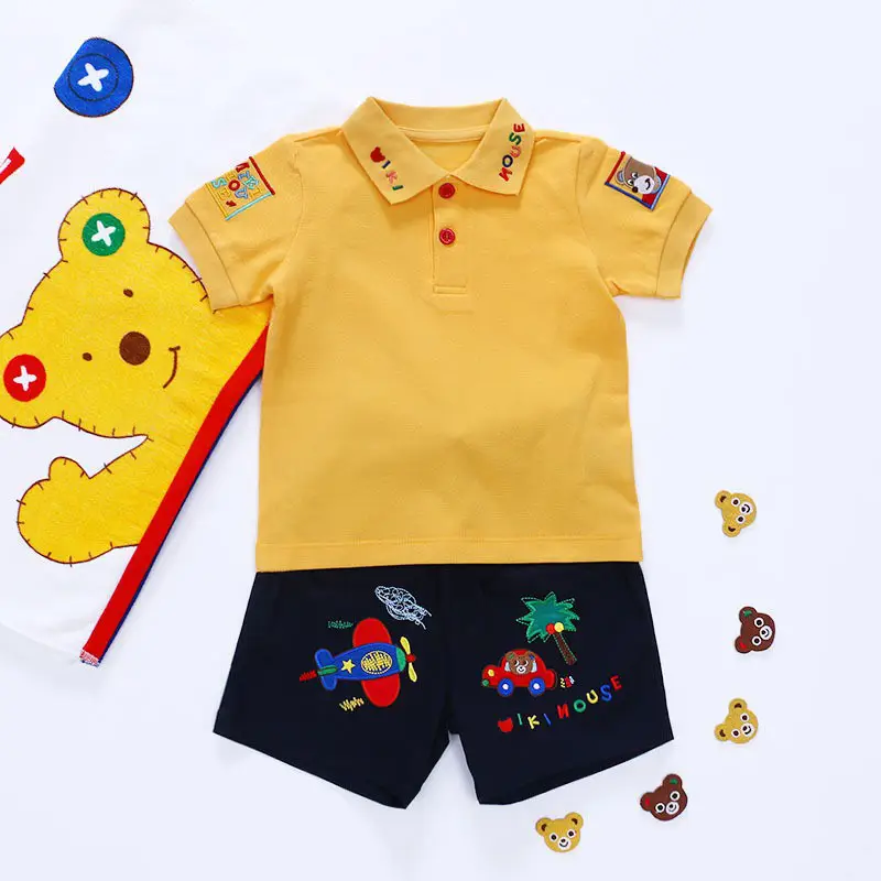 Japanese Style Boys Cartoon Embroidered Shorts Set Yellow Polo