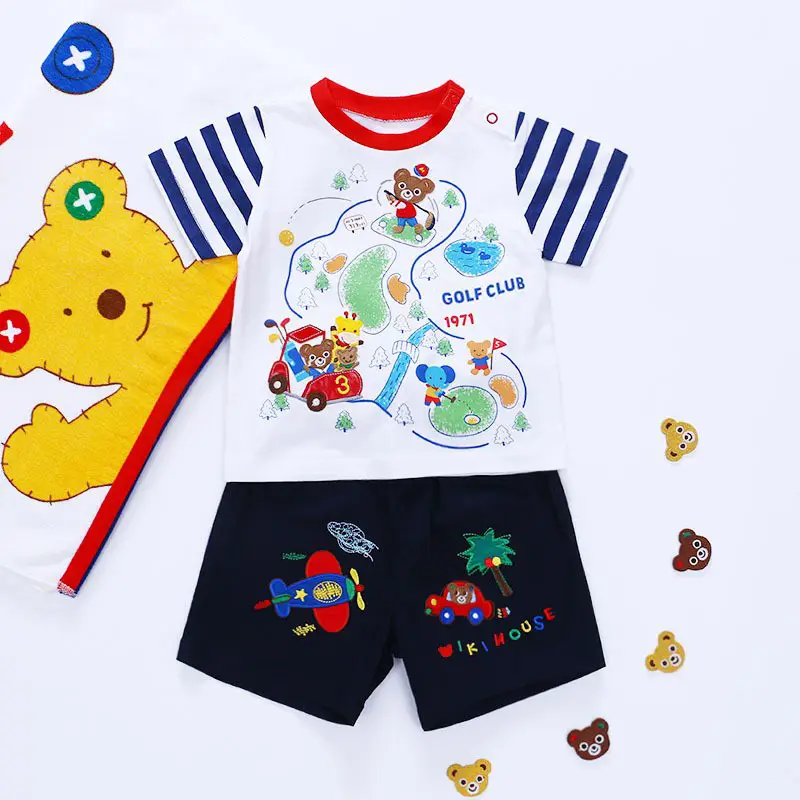 Japanese Style Boys Cartoon Embroidered Shorts Set Yellow Polo