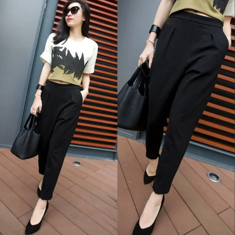 Women Black Slim Fit Ankle Pants Summer Casual Wear