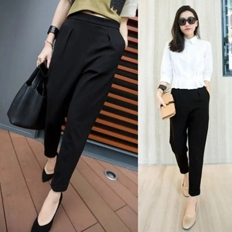 Women Black Slim Fit Ankle Pants Summer Casual Wear