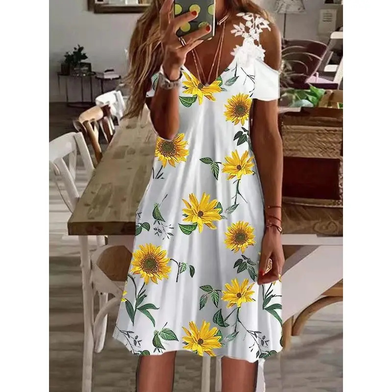 Women's White Floral Lace Short Sleeve Summer Dress