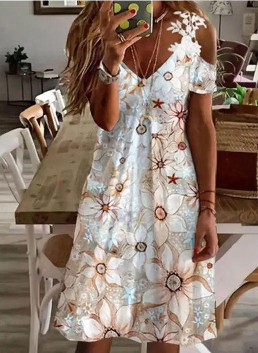 Women's White Floral Lace Short Sleeve Summer Dress