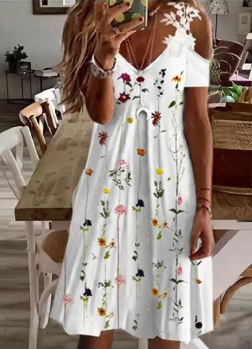 Women's White Floral Lace Short Sleeve Summer Dress