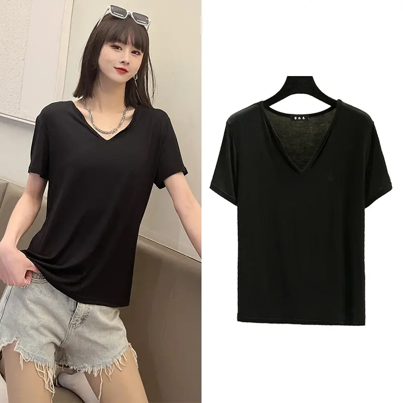 Women's V-neck Loose Green T-Shirt Plus Size - Image 14