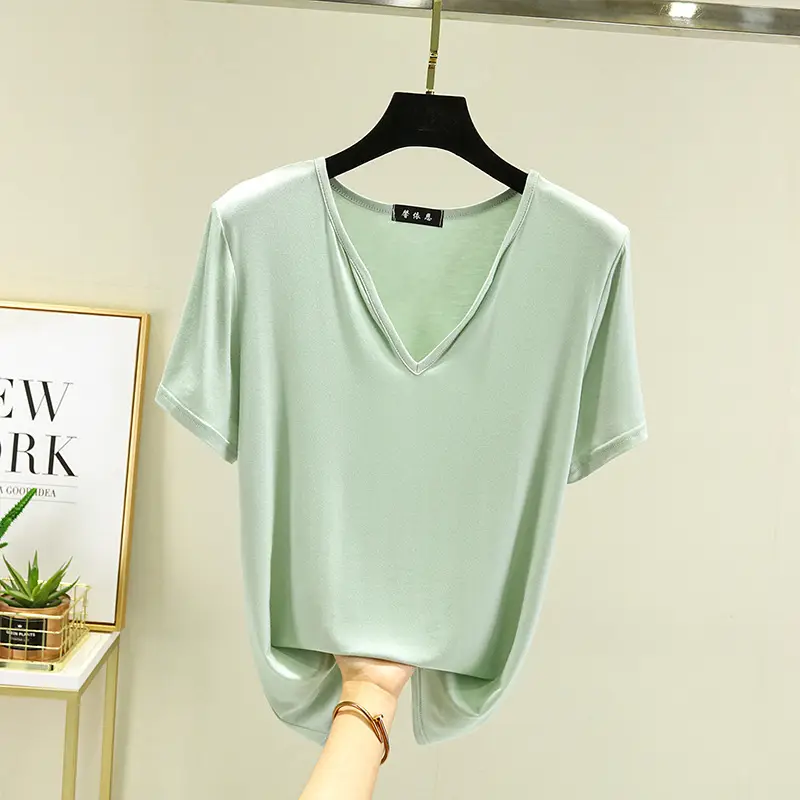 Women's V-neck Loose Green T-Shirt Plus Size - Image 15