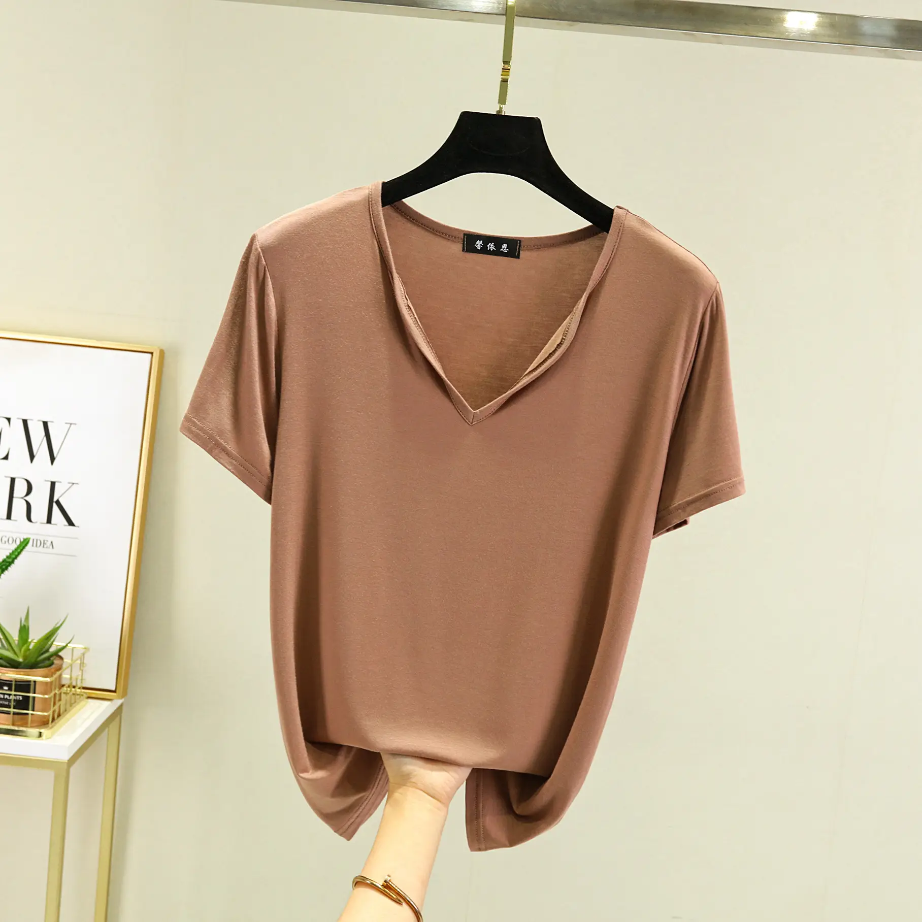 Women's V-neck Loose Green T-Shirt Plus Size - Image 8