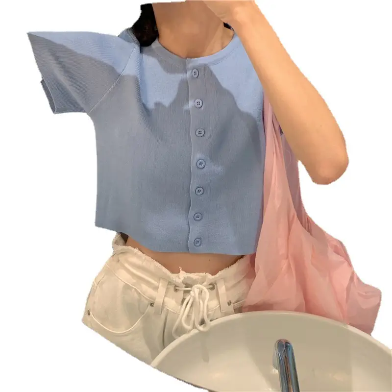 Women Slim Fit Blue Knitted Short Top 2025 - Image 11