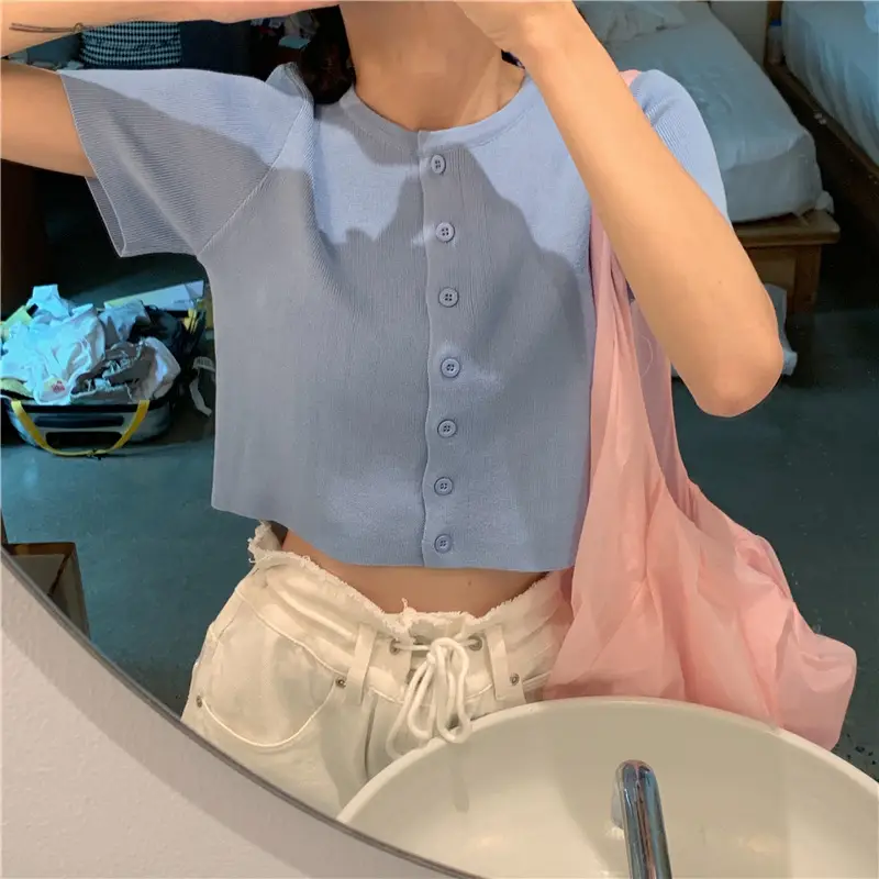 Women Slim Fit Blue Knitted Short Top 2025 — feature 21
