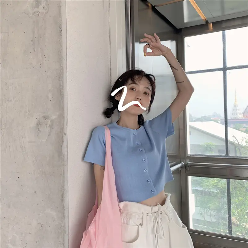 Women Slim Fit Blue Knitted Short Top 2025 — feature 22