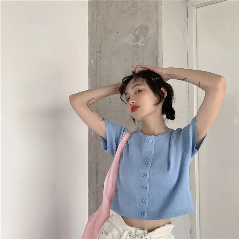 Women Slim Fit Blue Knitted Short Top 2025 — feature 23