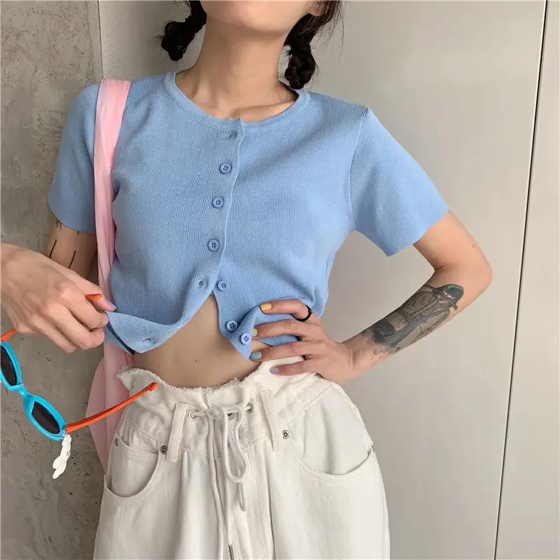 Women Slim Fit Blue Knitted Short Top 2025 — feature 26