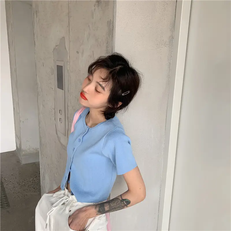 Women Slim Fit Blue Knitted Short Top 2025 — feature 27