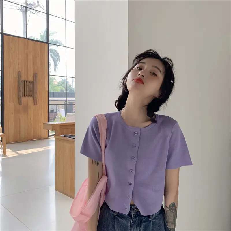 Women Slim Fit Blue Knitted Short Top 2025 — feature 29