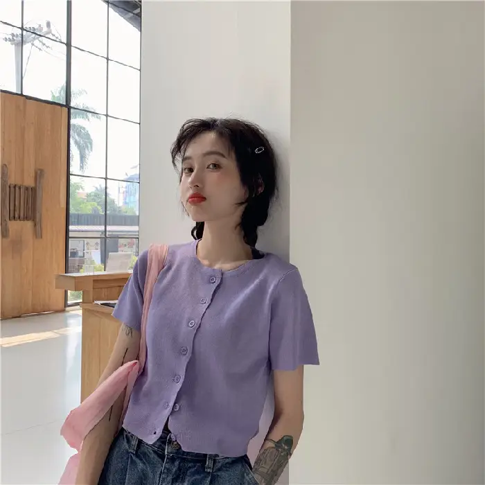 Women Slim Fit Blue Knitted Short Top 2025 - Image 2