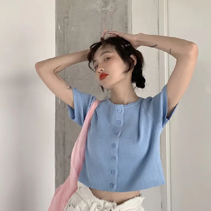 Women Slim Fit Blue Knitted Short Top 2025 - Image 6