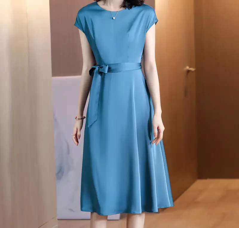Women's Blue Short-Sleeve Loose Slim Fit Dress