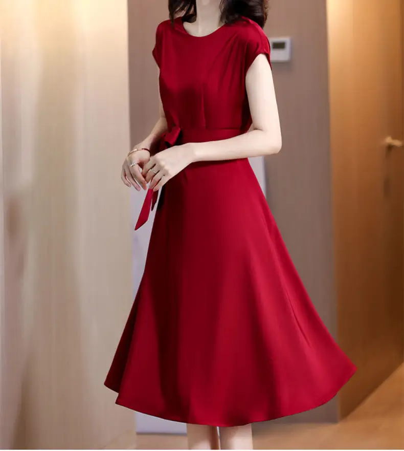 Women's Blue Short-Sleeve Loose Slim Fit Dress — feature 10