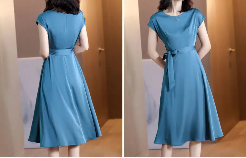 Women's Blue Short-Sleeve Loose Slim Fit Dress — feature 4