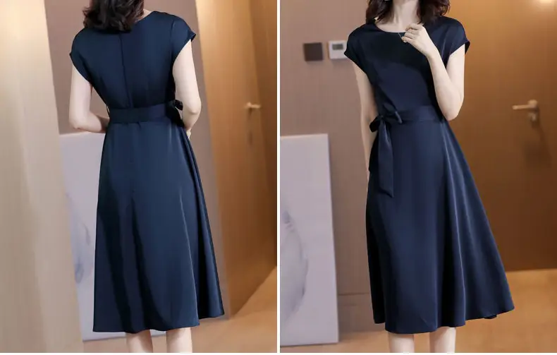Women's Blue Short-Sleeve Loose Slim Fit Dress — feature 8