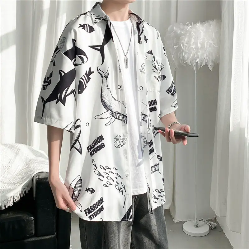 Men's Cartoon Print Short Sleeve Shirt Black 2022 - Image 4