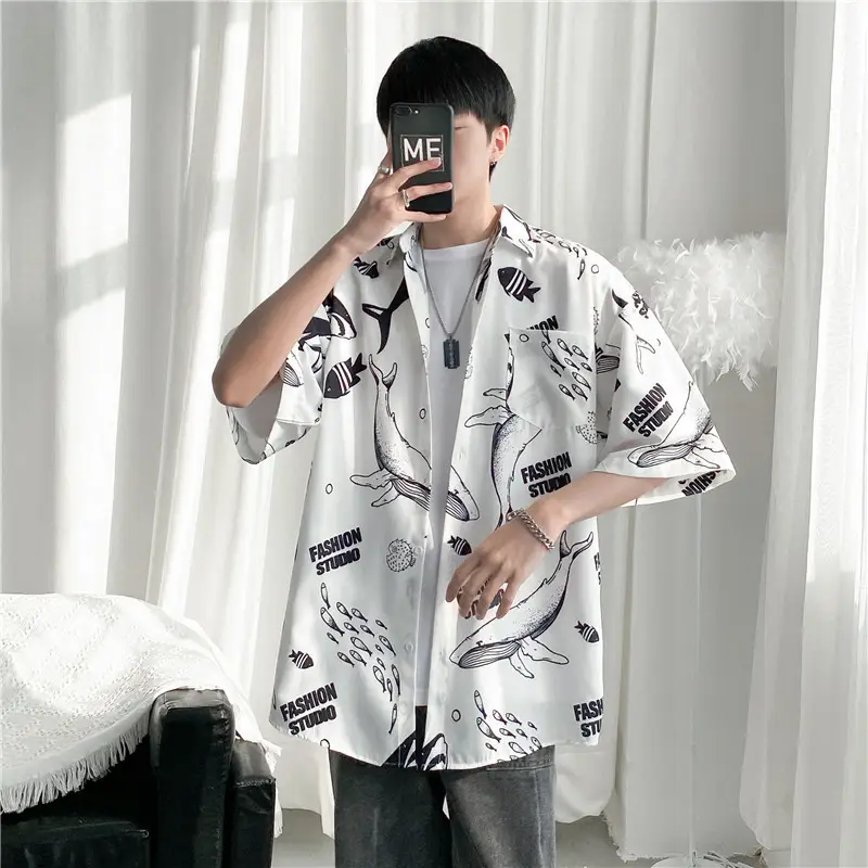 Men's Cartoon Print Short Sleeve Shirt Black 2022 - Image 5