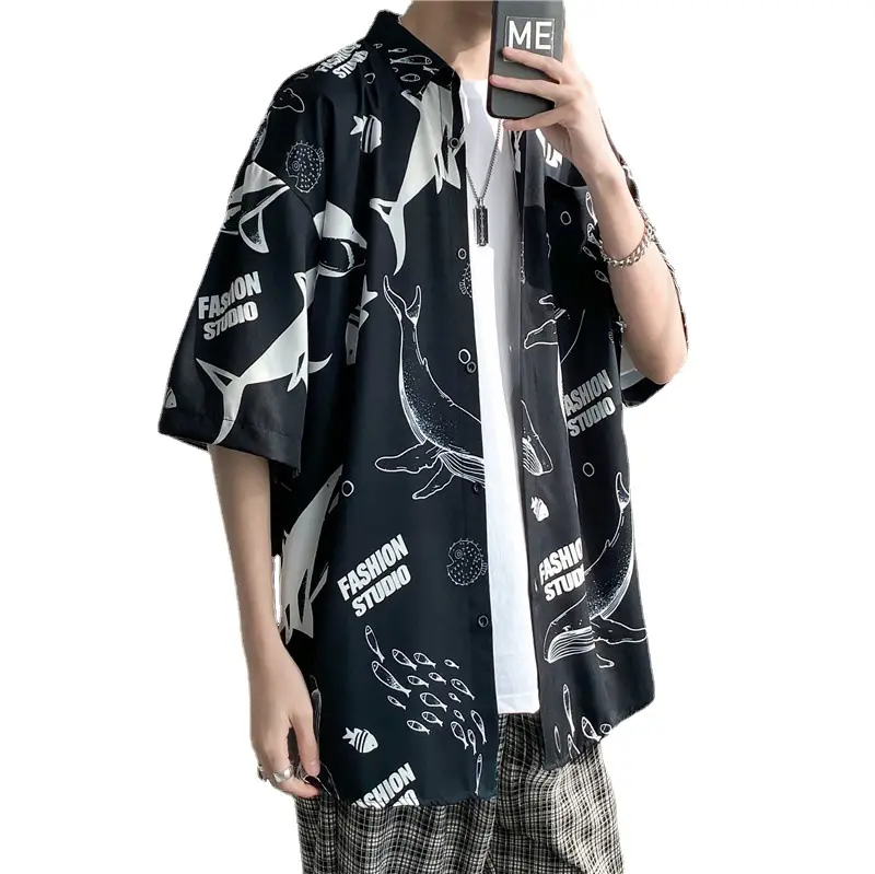 Men's Cartoon Print Short Sleeve Shirt Black 2022 - Image 7