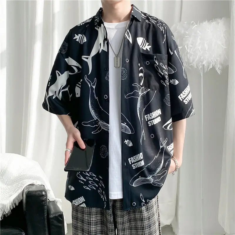 Men's Cartoon Print Short Sleeve Shirt Black 2022 - Image 2