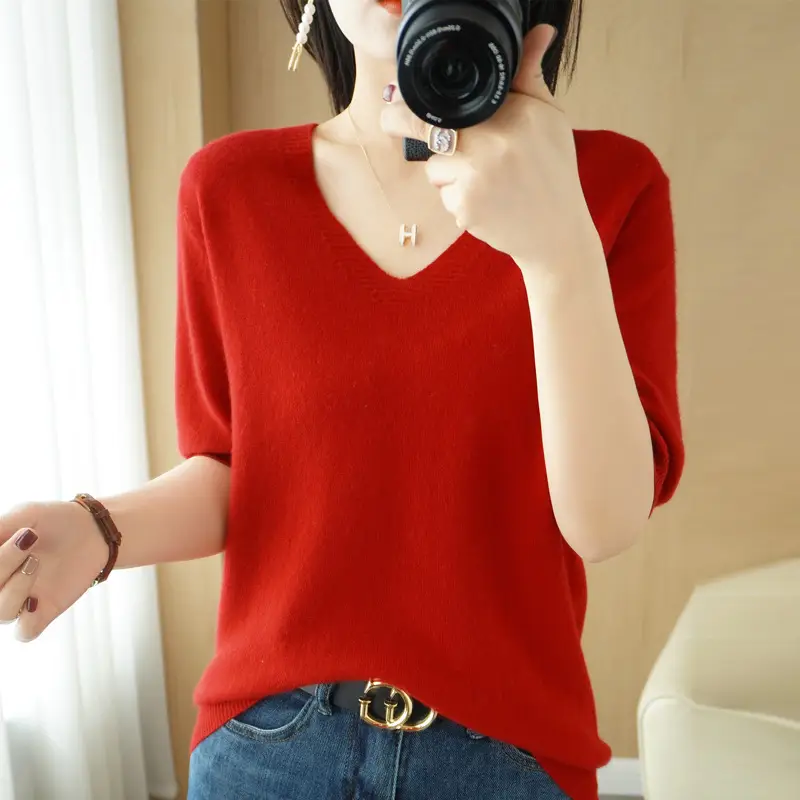 Black V-Neck Knitted Pullover Women Spring Summer