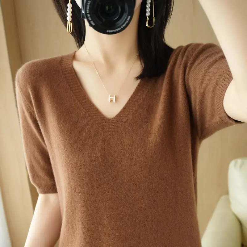 Black V-Neck Knitted Pullover Women Spring Summer