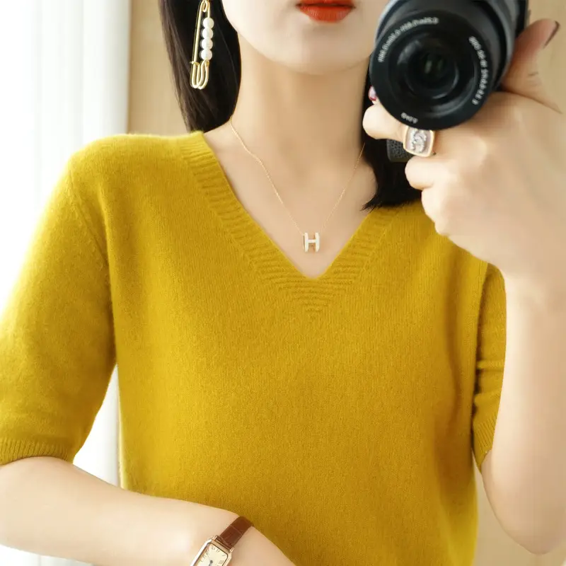 Black V-Neck Knitted Pullover Women Spring Summer
