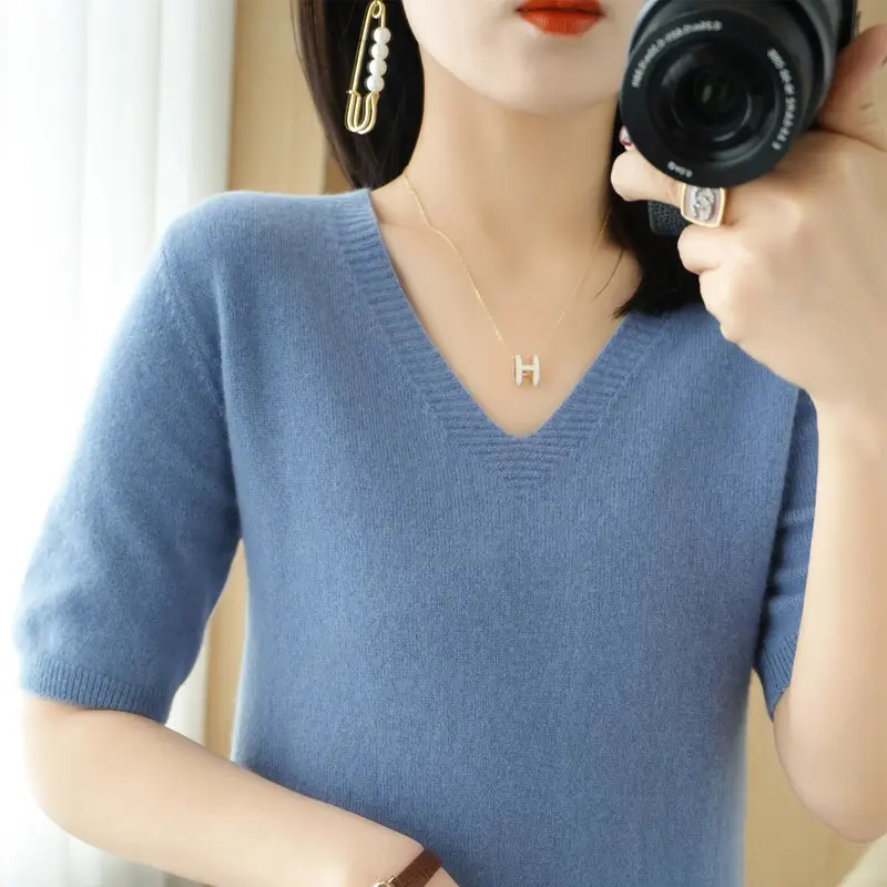 Black V-Neck Knitted Pullover Women Spring Summer