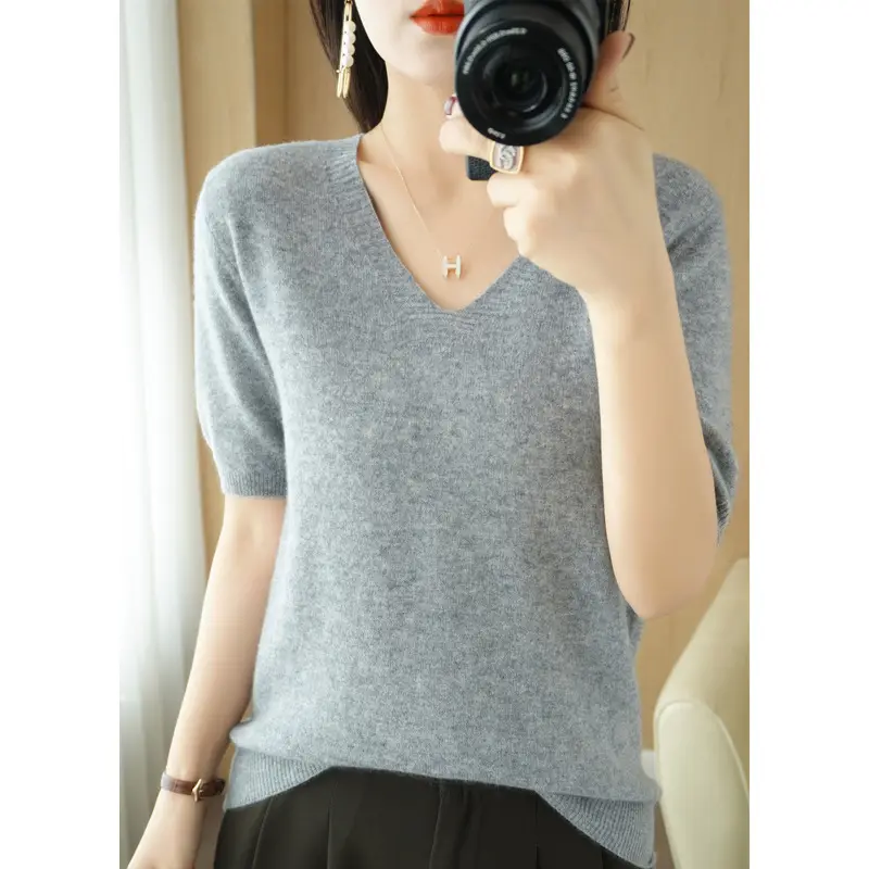 Black V-Neck Knitted Pullover Women Spring Summer